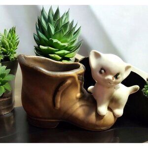 Antique Mid Century Enesco Kitten on Boot Mini Planter Toothpick Holder Trinket